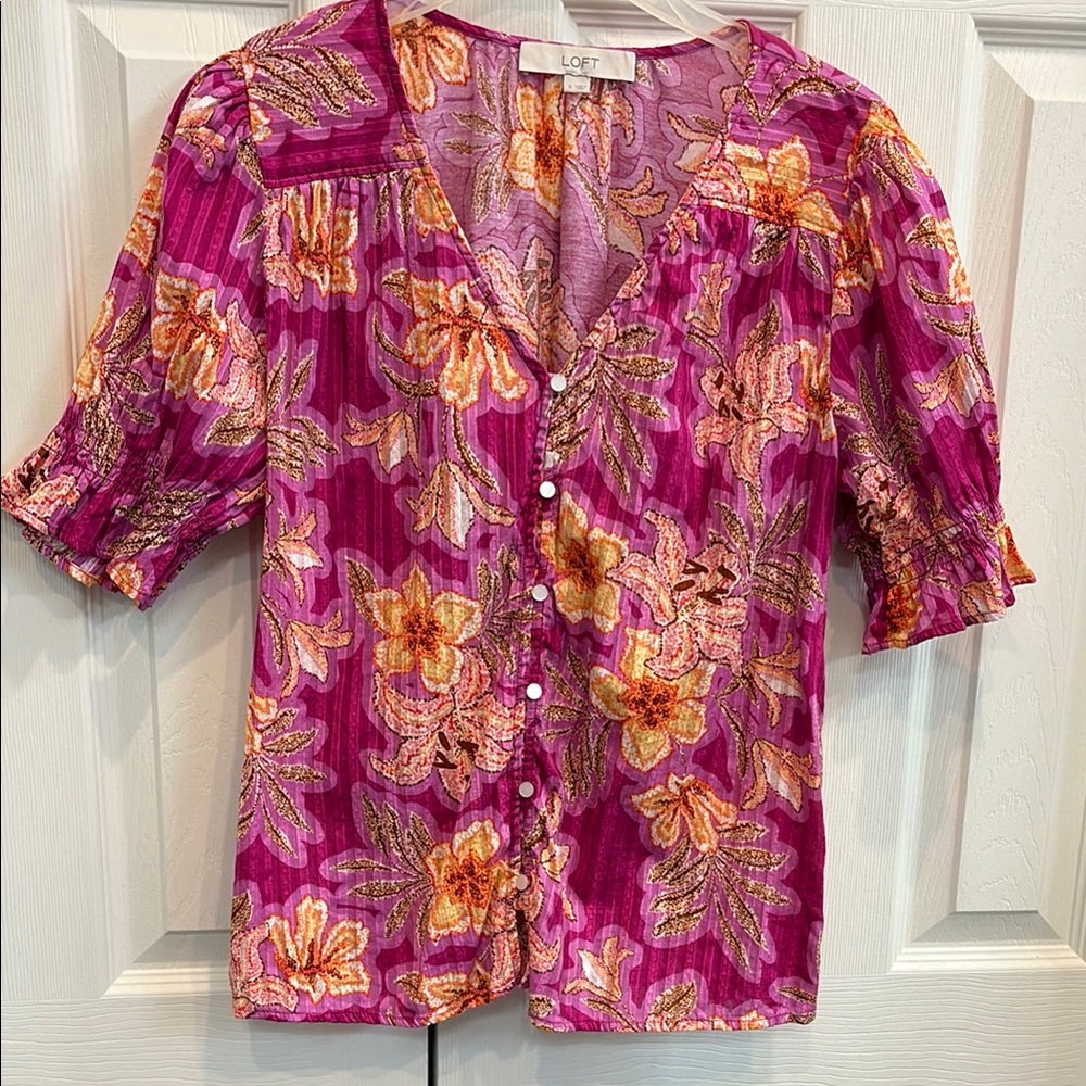 LOFT Pink and Orange Floral Short Sleeve Blouse Size S